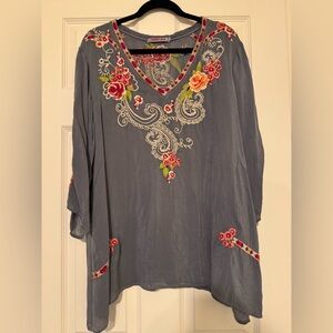 Johnny Was Gray Tunic with Red and Green Embroidery